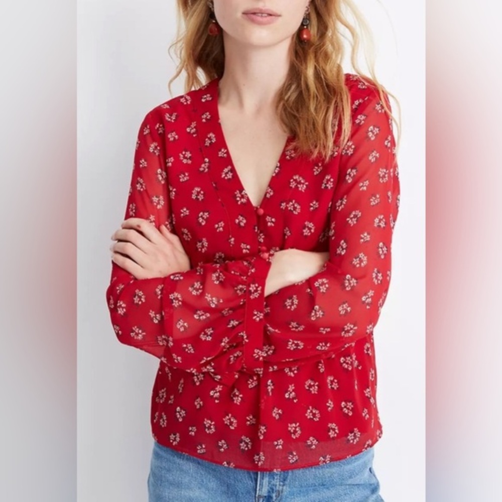 Madewell Floral‎ Peplum V-Neck Top in Red - XS